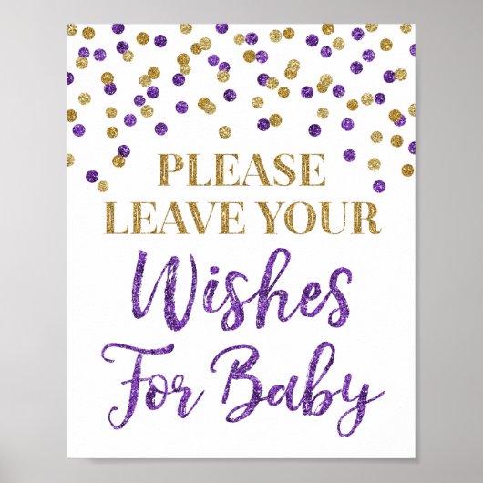 Poster Baby shower Confetti en or violet souhaits pour bé (Devant)