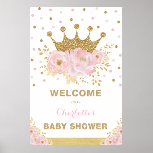 Poster Baby shower Couronne princesse rose Fleur Bienvenu