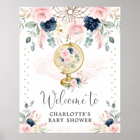 Poster Baby shower d'accueil de Navy Blush Travel Dreamca (Devant)