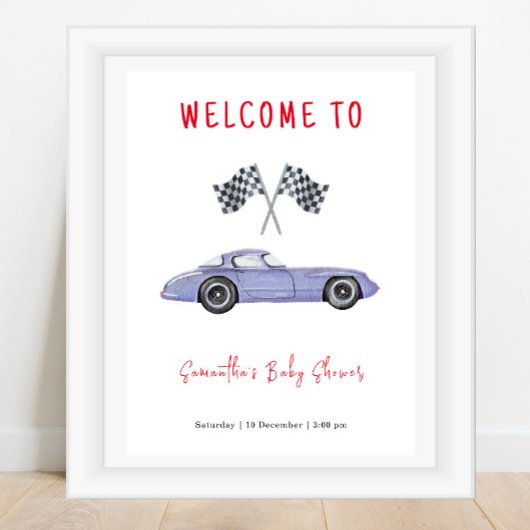 Poster Baby shower d'accueil de voiture de course
