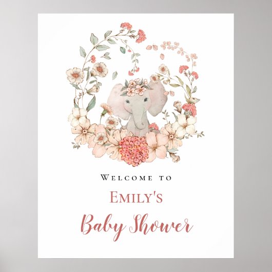 Poster Baby shower d'accueil Elephant Foliing Peach (Devant)