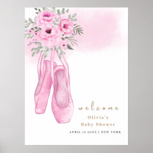 Poster Baby shower d'accueil rose Elegant Floral Ballerin