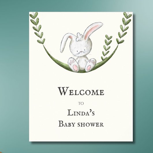 Poster Baby shower d'accueil simple et blanc lapin