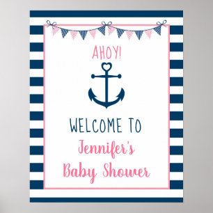 Poster Baby shower d'Ancres nautiques de la Marine rose