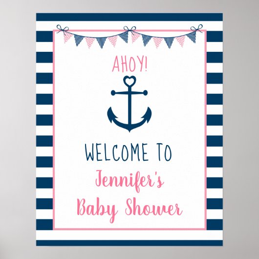 Poster Baby shower d'Ancres nautiques de la Marine rose (Devant)