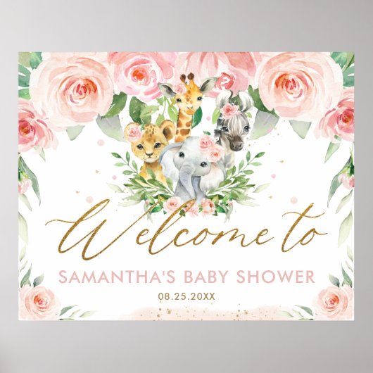 Poster Baby shower d'animaux de la Jungle rose Floral (Devant)