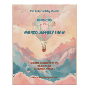 Poster Baby shower d'aquarelle à ballon à air chaud