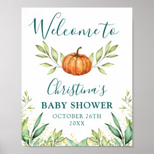 Poster Baby shower d'automne Citrouille de verdure Affich