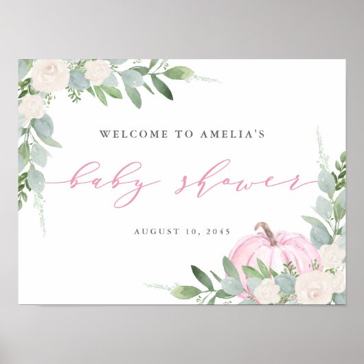 Poster Baby shower d'automne Citrouille rose aquarelle Bi (Devant)
