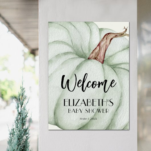 Poster Baby shower d'automne Citrouille vert Bienvenue
