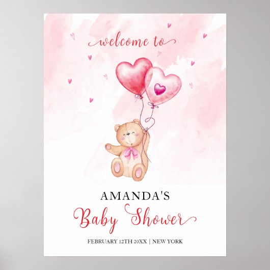 Poster Baby shower de ballon rose Coeur Teddy Bear Bienve (Devant)