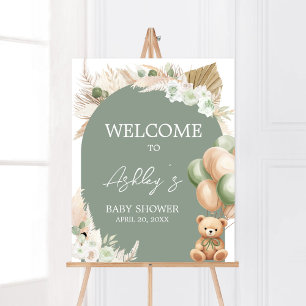 Poster Baby shower de ballon vert Boho Bear Bienvenue