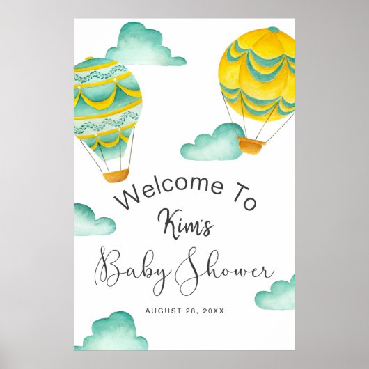 Poster Baby shower de ballons à air chaud Aqua jaune Bien (Devant)