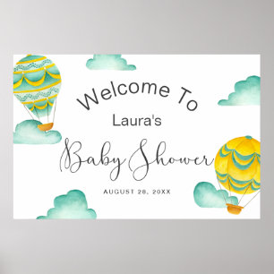 Poster Baby shower de ballons à air chaud Aqua jaune Bien
