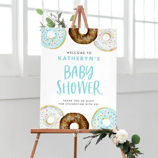 Poster Baby shower de beignets bleu et chocolat Bienvenue