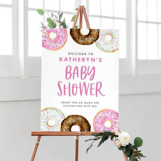 Poster Baby shower de beignets rose et chocolat Bienvenue