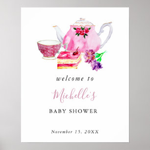 Poster Baby shower de bienvenue Tea Party Pink Aquarelle