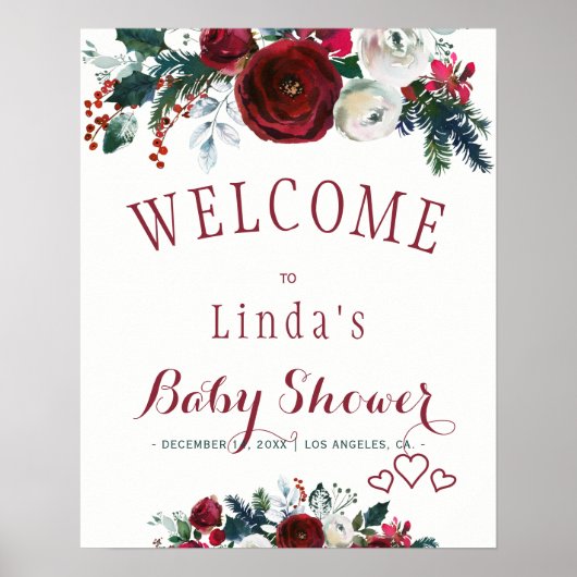 Poster Baby shower de bouquet d'hiver rouge bordeaux (Devant)