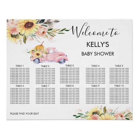 Poster Baby shower de camion Citrouille rose Tableau de s (Devant)