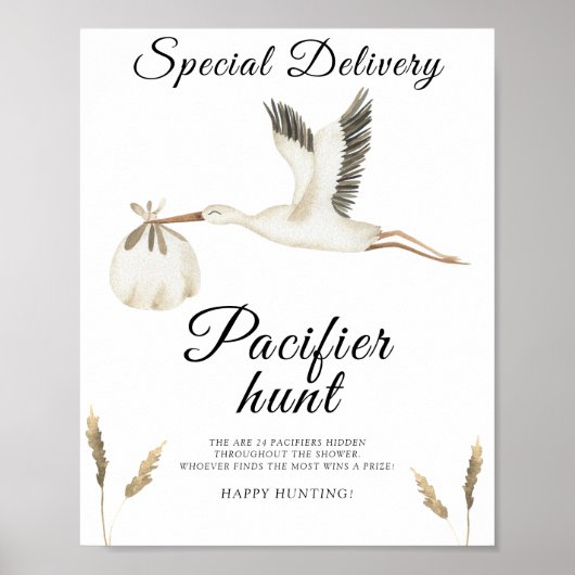 Poster baby shower de cigogne - jeu de chasse à la pacifi (Devant)