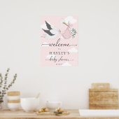Poster Baby shower de cigogne rose Bienvenue (Cuisine)