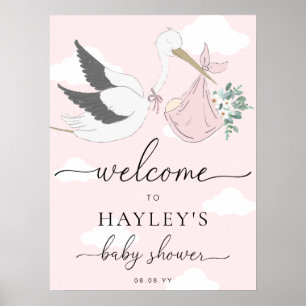 Poster Baby shower de cigogne rose Bienvenue