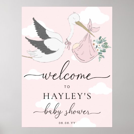 Poster Baby shower de cigogne rose Bienvenue (Devant)