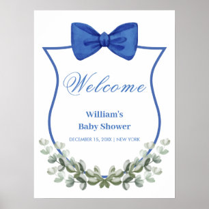 Poster Baby shower de crête bleu Bow Eucalyptus Bienvenue