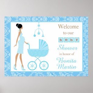 Poster Baby shower de femme afro-américaine Blue Damask
