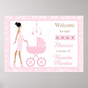 Poster Baby shower de femme afro-américaine rose Damask