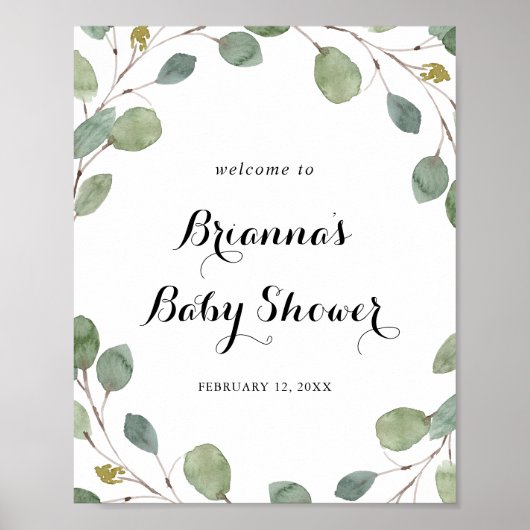 Poster Baby shower de feuillage Eucalyptus vert Bienvenue (Devant)