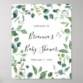 Poster Baby shower de feuillage vert de script Bienvenue (Devant)