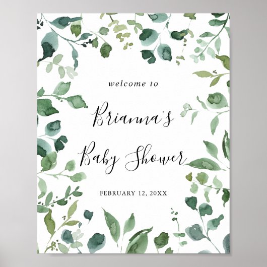 Poster Baby shower de feuillage vert de script Bienvenue (Devant)