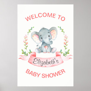 Poster Baby shower de fille Eléphant Aquarelle