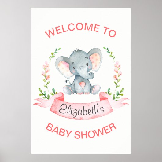 Poster Baby shower de fille Eléphant Aquarelle (Devant)