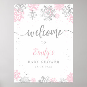 Poster Baby shower de fille Pink Silver Flakes Bienvenue