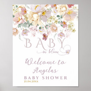 Poster Baby shower de fille pourpre Fleur sauvage à fleur