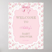Poster Baby shower de fille rose et florale Bienvenue (Devant)