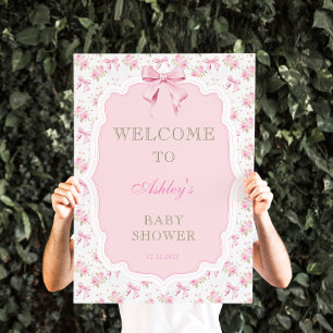 Poster Baby shower de fille rose et florale Bienvenue