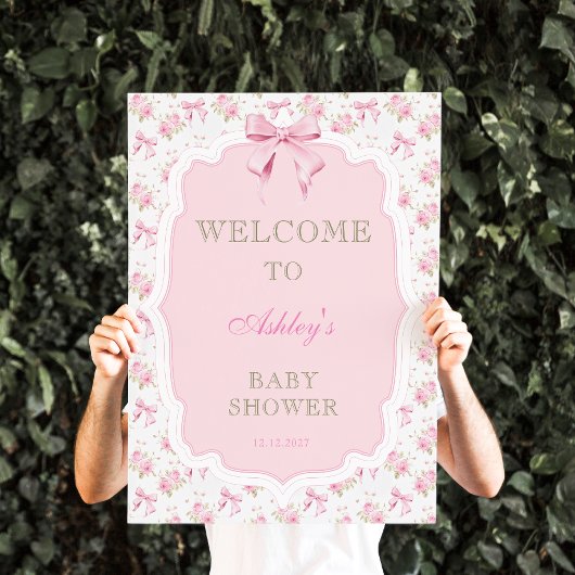 Poster Baby shower de fille rose et florale Bienvenue
