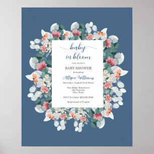 Poster Baby shower de fleur sauvage couleur bleu foncé
