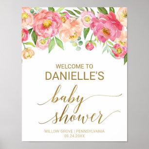 Poster Baby shower de fleurs de tourbe rose et de poitrin
