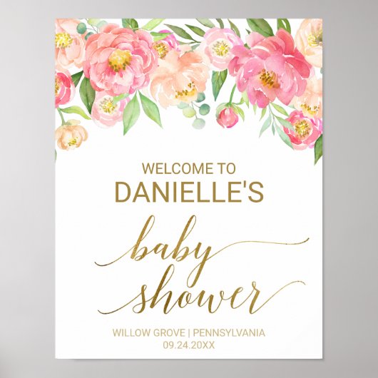 Poster Baby shower de fleurs de tourbe rose et de poitrin (Devant)
