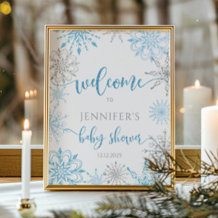 Poster Baby shower de flocons d'argent bleu d'hiver Bienv