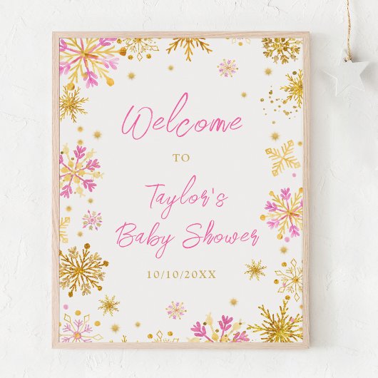 Poster Baby shower de flocons de neige rose et or Bienven