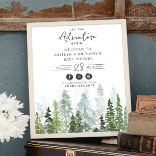 Poster Baby shower de forêt de pins d'aquarelle Bienvenue