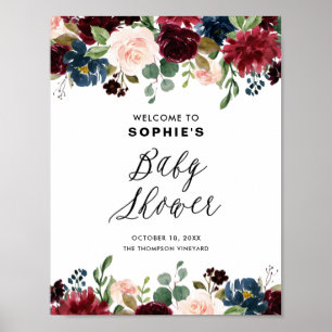 Poster Baby shower de la Bourgogne et du bleu Floral Garl