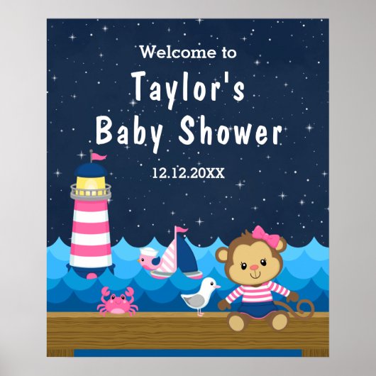 Poster Baby shower de la marine rose singe Nautique (Devant)