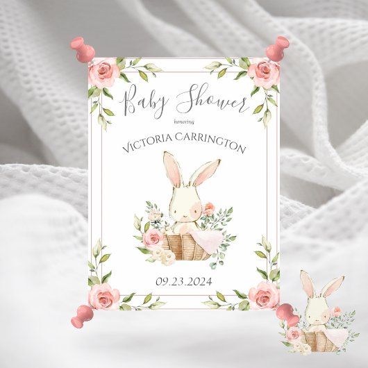 Poster Baby shower de lapin floral rose