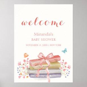 Poster Baby shower de livre rose Elegant Floral Bow Accue